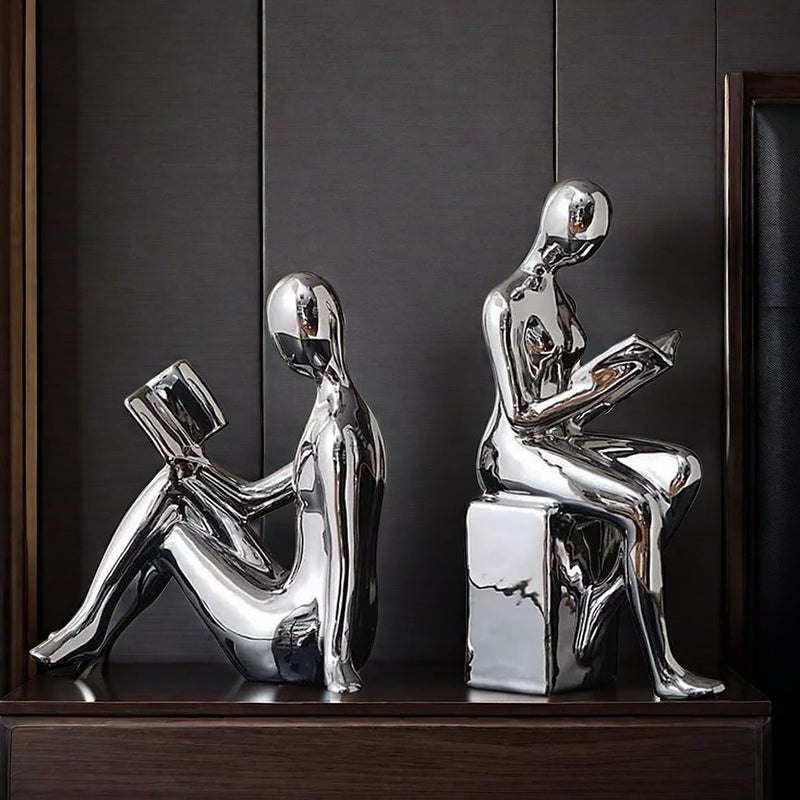 SHTWX Home Decorative Reading Book Statue Bookends Elegant Ceramic Bookshelf Room Office Desk Decor,Paper Weights, Book Ends,Bookend Supports, Book Stoppers, Set of 2 (Silver) - Image 4