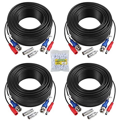 SANNCE 4-Pack 100ft BNC Video and Power Security Camera Cable with BNC Connectors and RCA Adapters for CCTV Camera System 100pcs Cable Clips (Black) - Image 1