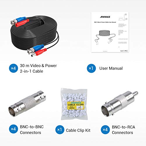 SANNCE 4-Pack 100ft BNC Video and Power Security Camera Cable with BNC Connectors and RCA Adapters for CCTV Camera System 100pcs Cable Clips (Black) - Image 3