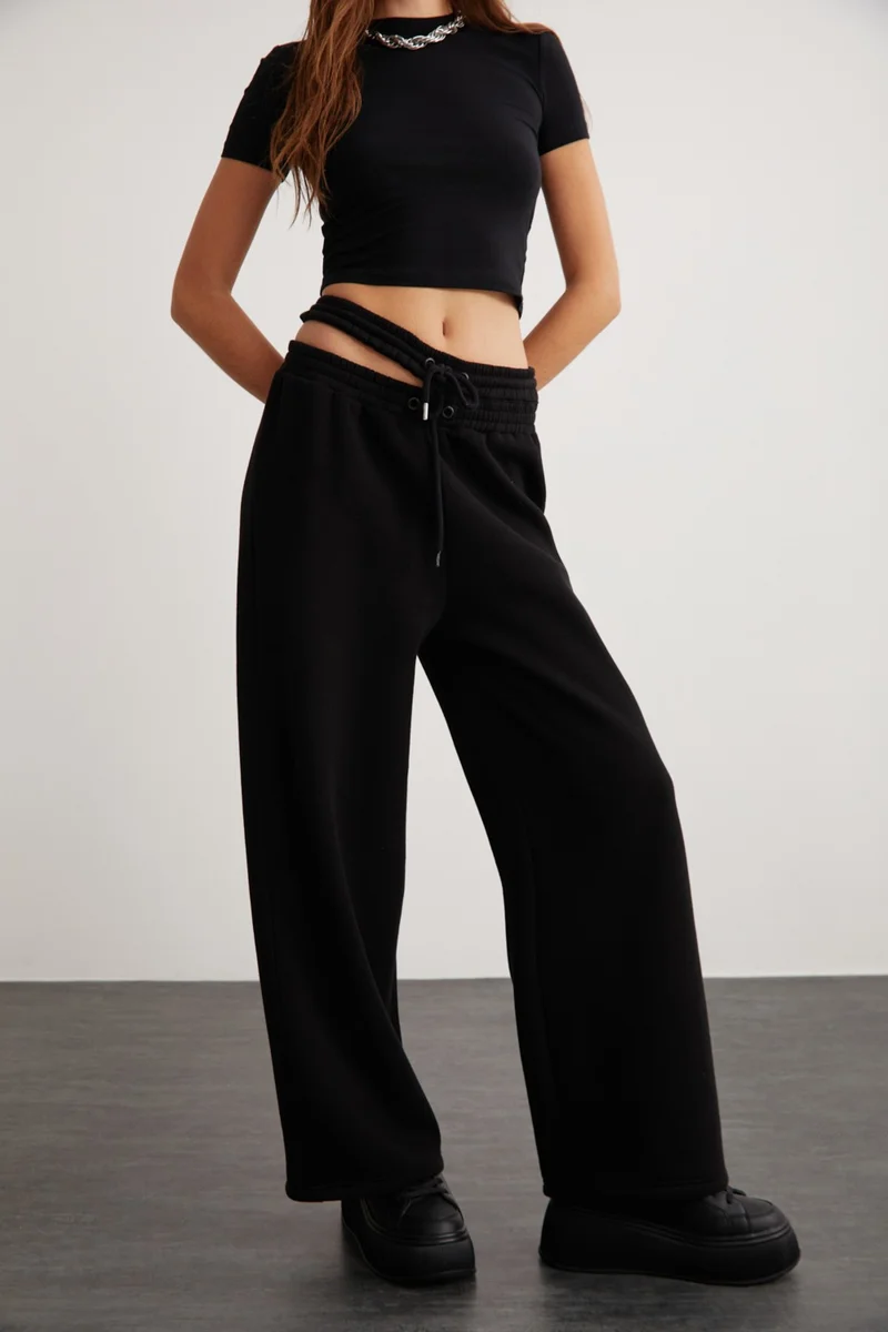 جريميلانج Bruixa Women's Fleece Soft Waist Detailed Black Sweatpants
