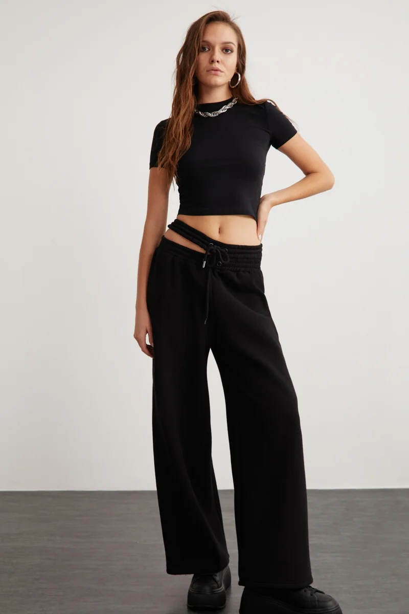 جريميلانج Bruixa Women's Fleece Soft Waist Detailed Black Sweatpants