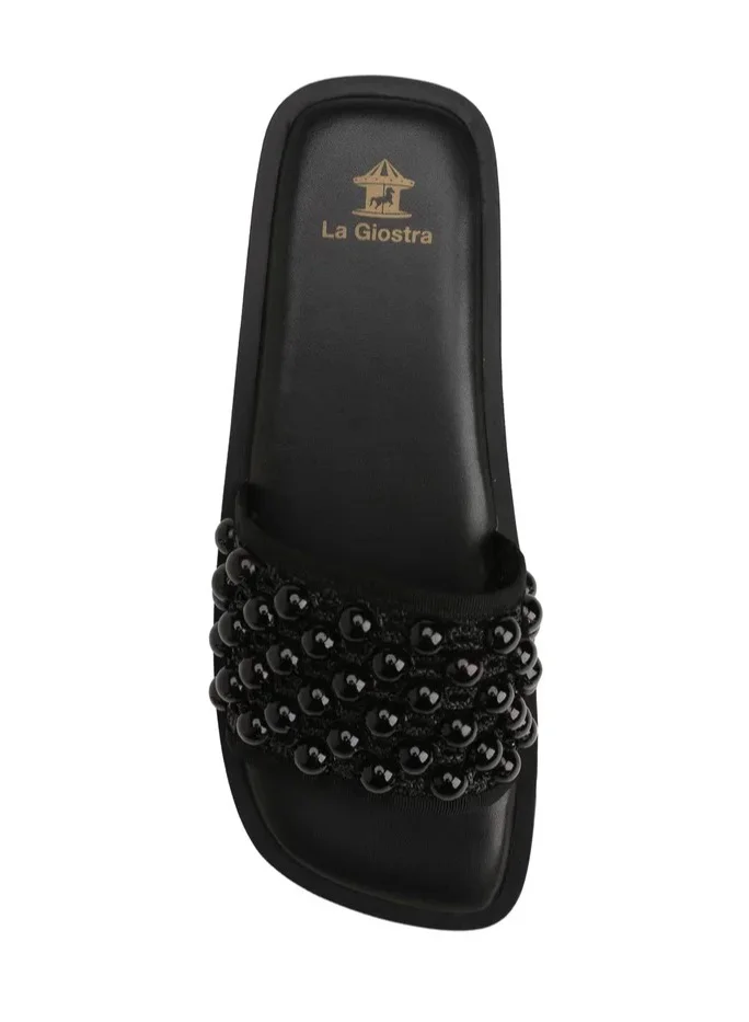 La Giostra Women's Textile Flat Flatform Mules Decoration With Beads Black