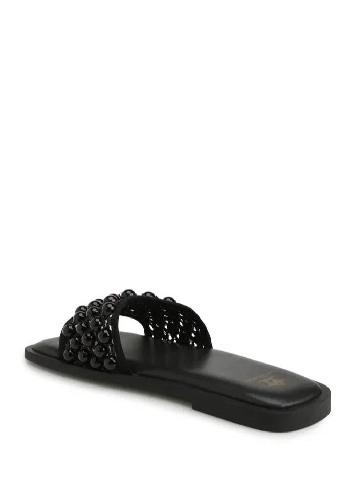 La Giostra Women's Textile Flat Flatform Mules Decoration With Beads Black
