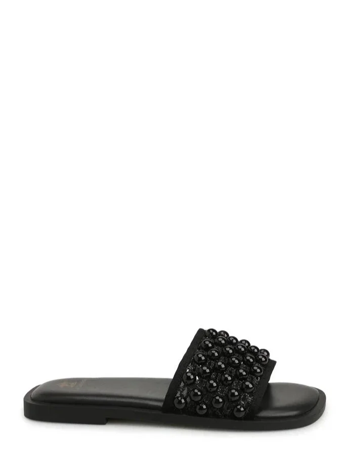 La Giostra Women's Textile Flat Flatform Mules Decoration With Beads Black