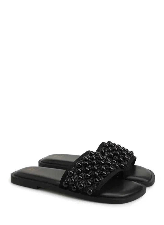 La Giostra Women's Textile Flat Flatform Mules Decoration With Beads Black
