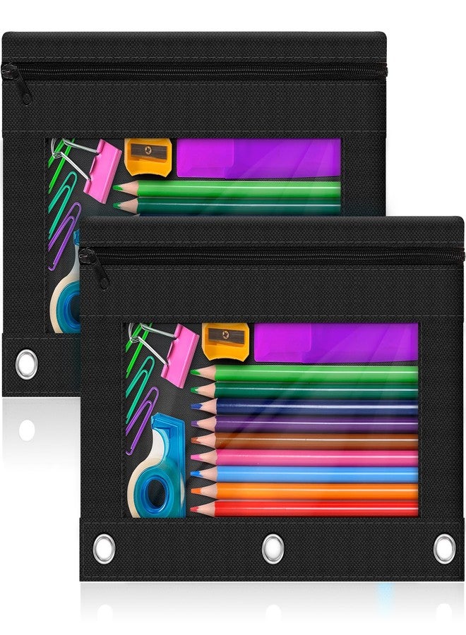 LURLIN 3-Ring Pencil Pouch, 2 Pack Black Bulk Pencil Case, Pencil Bags with Zipper for Office Supplies Cosmetics, with Zipper & Reinforced Grommets Fabric Large Pencil Case for 3 Hole Binder - Image 1