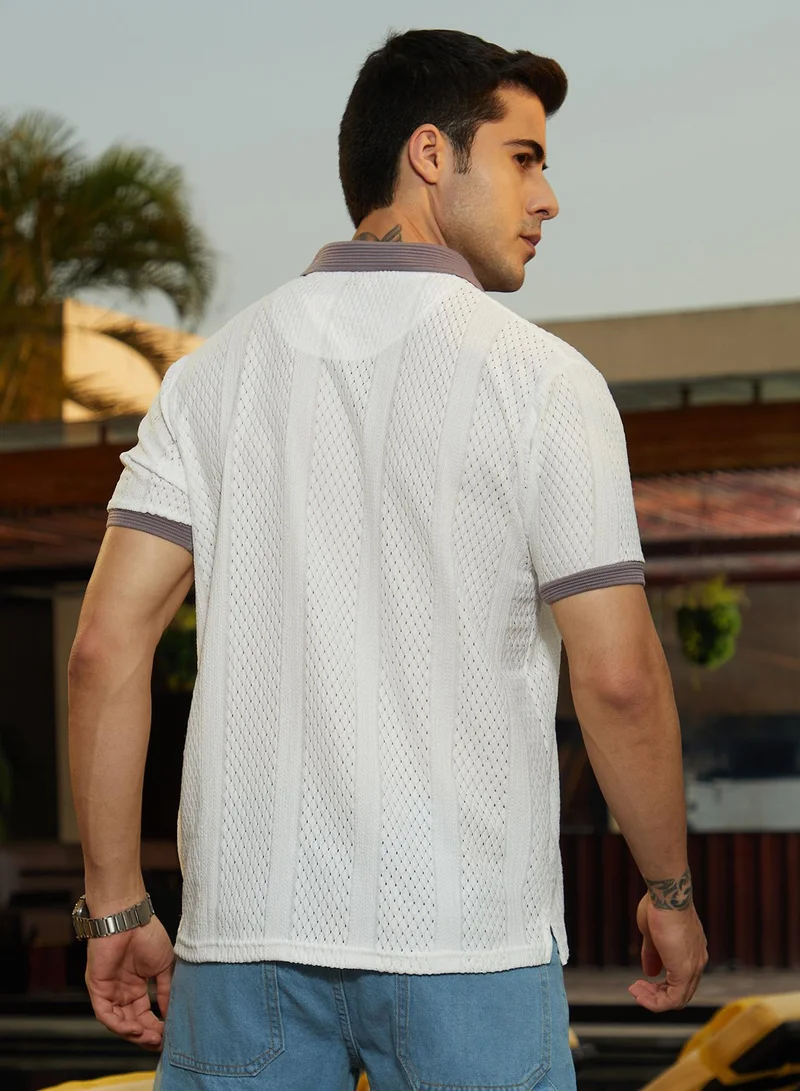 كامبوس سوترا Men's Chalk White & Pastel Purple Contrast Open-Knit Polo T-Shirt
