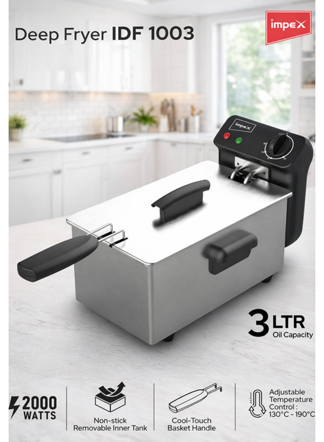 3 Litre Deep Fryer 2000W with Adjustable Temperature Control 130°C–190°C | Stainless Steel Electric Oil Fryer with Non-Stick Removable Tank | Air Fryer, Kitchen Cooking Food Preparation, Cool Touch Basket Handle | 2 Year Warranty | Model IDF 1003 - Silver and Black 3 L 2000 W IDF 1003 Silver and Black