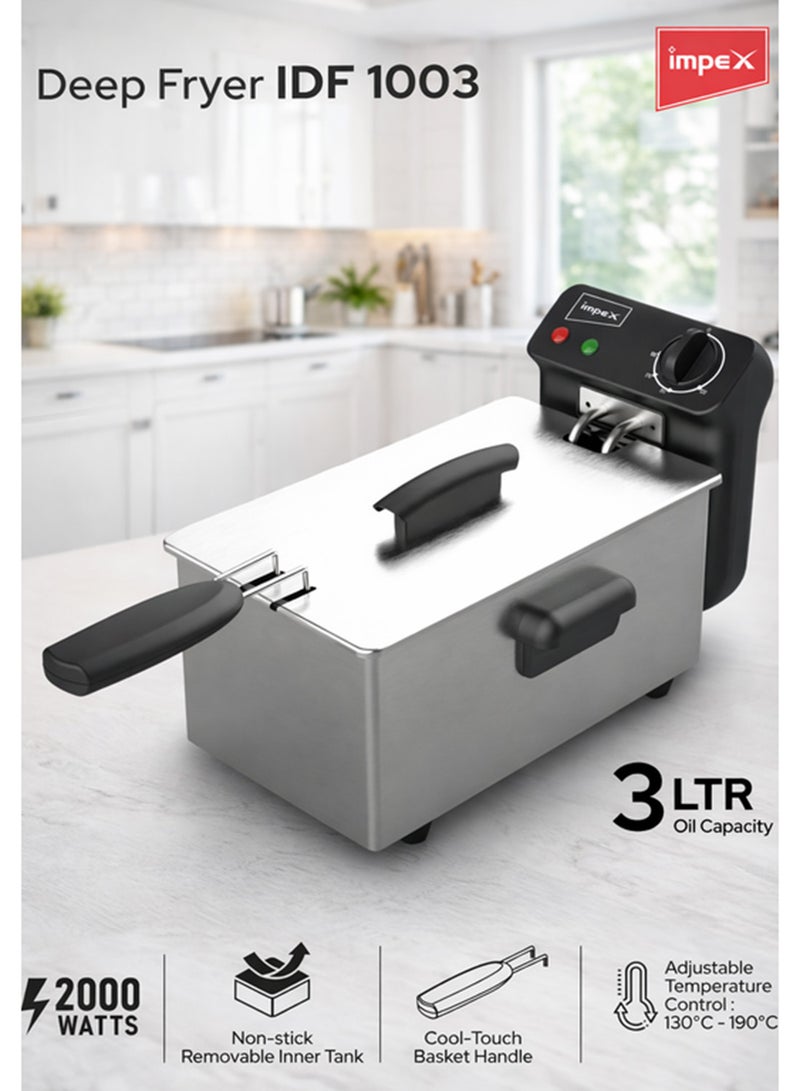 Impex 3 Litre Deep Fryer 2000W with Adjustable Temperature Control 130°C–190°C | Stainless Steel Electric Oil Fryer with Non-Stick Removable Tank | Air Fryer, Kitchen Cooking Food Preparation, Cool Touch Basket Handle | 2 Year Warranty | Model IDF 1003 - Silver and Black 3 L 2000 W IDF 1003 Silver and Black - Image 1