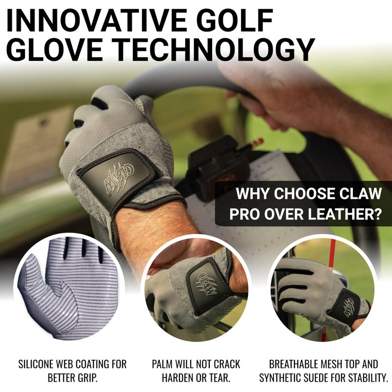 CaddyDaddy Claw PRO Golf Gloves for Men | Flex-Mesh Suede/Design for Cool Ventilation | Lasts 3-5 Times Longer Than Leather | Silicone-Web Coating for Maximum Grip | Washable | Grey | LH-XL - Image 4