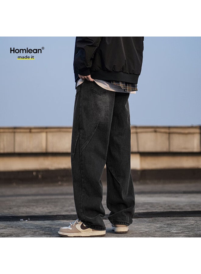 Homlean Water-washed Vintage Jeans For Men, Winter American-style Loose-fitting Wrinkled Straight-leg Trousers, Hs04 Black, Size L - Image 2