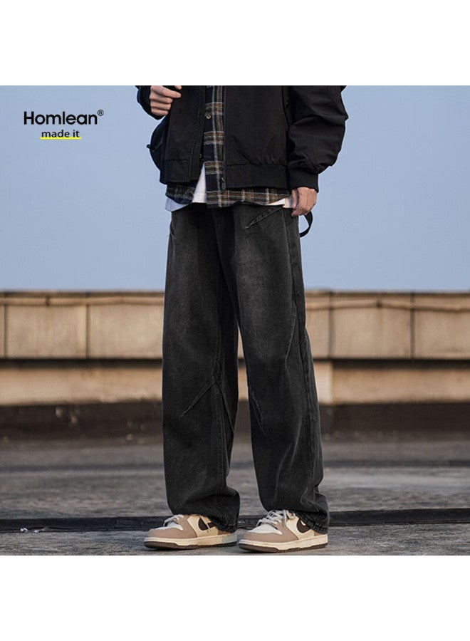 Homlean Water-washed Vintage Jeans For Men, Winter American-style Loose-fitting Wrinkled Straight-leg Trousers, Hs04 Black, Size L - Image 5