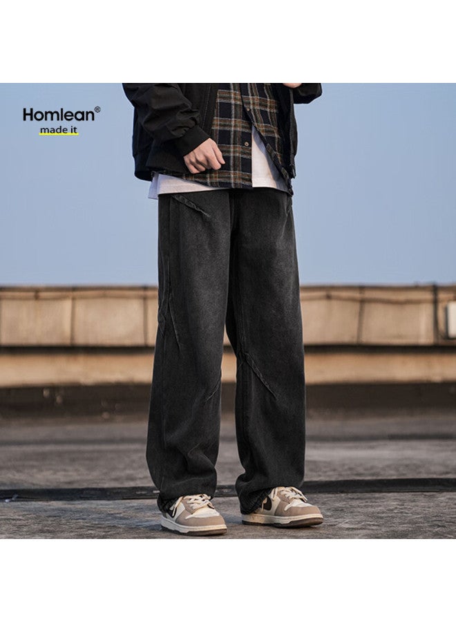 Homlean Water-washed Vintage Jeans For Men, Winter American-style Loose-fitting Wrinkled Straight-leg Trousers, Hs04 Black, Size L - Image 3