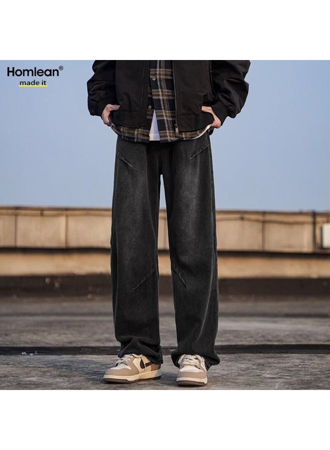 Homlean Water-washed Vintage Jeans For Men, Winter American-style Loose-fitting Wrinkled Straight-leg Trousers, Hs04 Black, Size L - Image 1