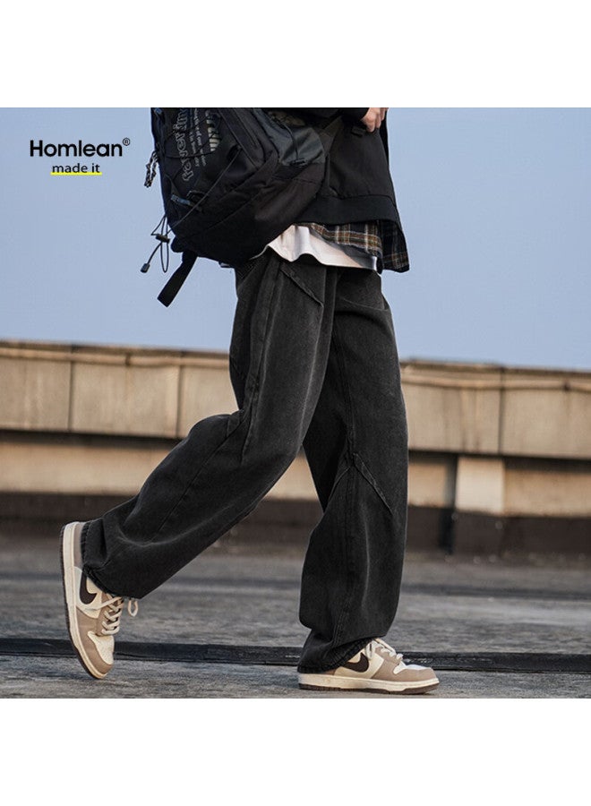 Homlean Water-washed Vintage Jeans For Men, Winter American-style Loose-fitting Wrinkled Straight-leg Trousers, Hs04 Black, Size L - Image 4