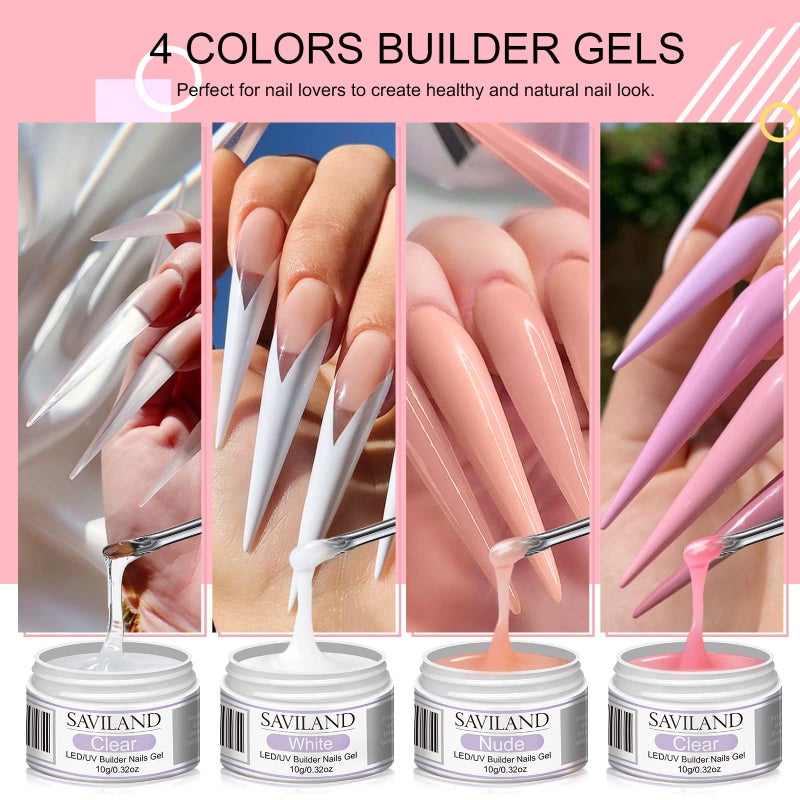 SAVILAND Builder Nail Gel Kit: 4 Colors Thickening Builder Nail Gel Clear White Pink Nudes Nail Strengthener Soak Off U V Extension Gels with 100PCS Forms Brush Pen Manicure Tools Home Salon DIY - Image 2