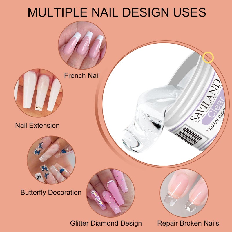 SAVILAND Builder Nail Gel Kit: 4 Colors Thickening Builder Nail Gel Clear White Pink Nudes Nail Strengthener Soak Off U V Extension Gels with 100PCS Forms Brush Pen Manicure Tools Home Salon DIY - Image 3