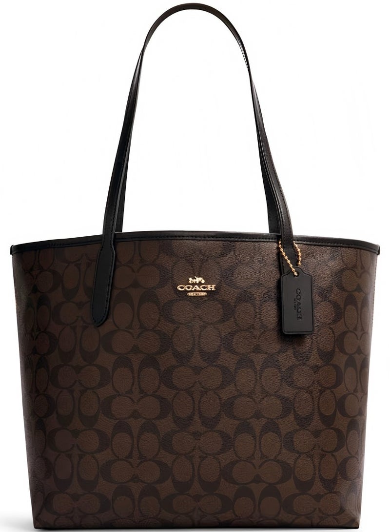 كوتش اوت ليت كوتش سيتي حقيبة حمل مبدع طباعة نسائية أزياء متعددة الوظائف سعة كبيرة الحجم بني غامق حقيبة حمل - Image 1