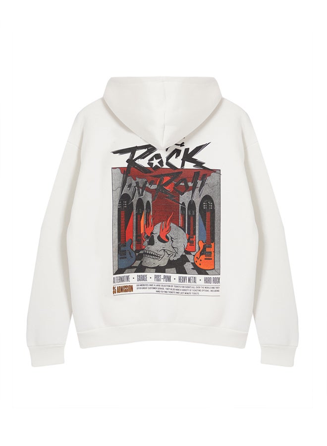 trendyol Ecru Oversize/Wide Cut Polar Fleece Hooded Rock Printed Sweatshirt - Image 3