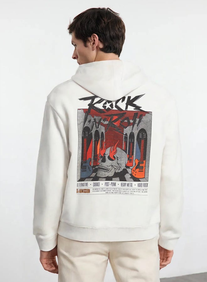 trendyol Ecru Oversize/Wide Cut Polar Fleece Hooded Rock Printed Sweatshirt - Image 2