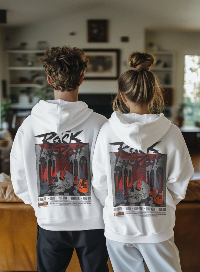 trendyol Ecru Oversize/Wide Cut Polar Fleece Hooded Rock Printed Sweatshirt - Image 1