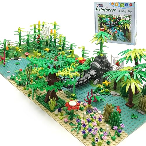 ZHX Rainforest Jungle Bridge Building Block Toys with 2pcs Baseplates(10x10 inches Each) Garden Bricks Accessories Bush Flowers Animals Coconut Trees for Classic Brick Block Toys - Image 1