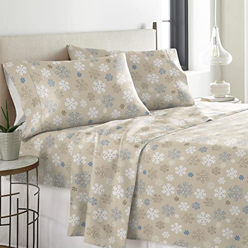 Pointehaven Flannel 170 GSM Sheet Set,Queen Snow Flakes Oatmeal - Image 2