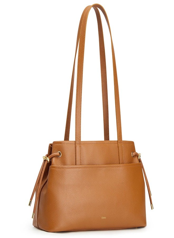 Kattee Genuine Leather Shoulder Purse for Women, Hobo Tote Handbags with Drawstring and Zipper Compartment for Travel, Brown - Image 3