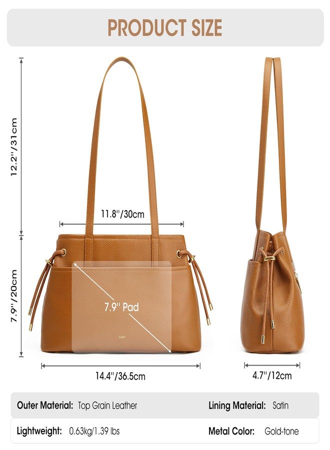 Kattee Genuine Leather Shoulder Purse for Women, Hobo Tote Handbags with Drawstring and Zipper Compartment for Travel, Brown - Image 4