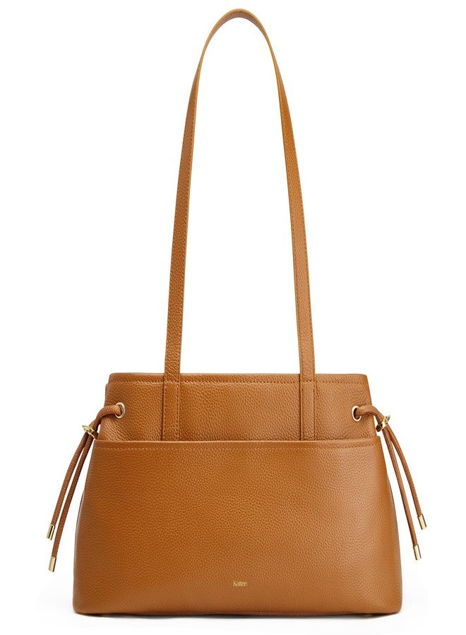 Kattee Genuine Leather Shoulder Purse for Women, Hobo Tote Handbags with Drawstring and Zipper Compartment for Travel, Brown - Image 1