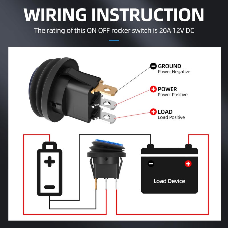 DaierTek UL Listed Waterproof Round Rocker Switch with Shell 12V Blue LED Rocker Toggle Switch Lighted ON Off SPST 3 Pin Rocker Switch 12 Volt for Marine Automotive RV Truck -2PCS - Image 5