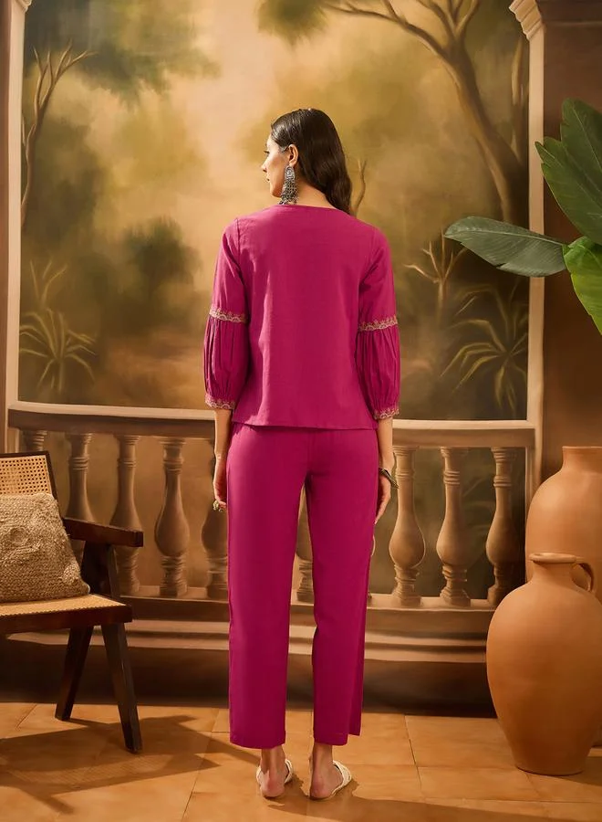 Sanskrutihomes Pink Ruffle Details Kurta and pants Ethnic Set