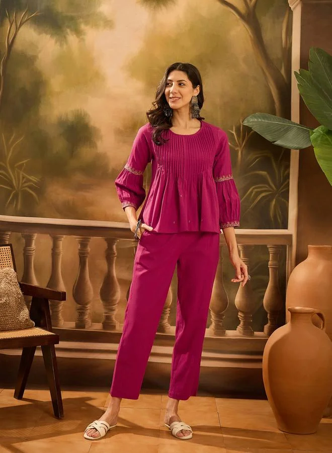 Sanskrutihomes Pink Ruffle Details Kurta and pants Ethnic Set