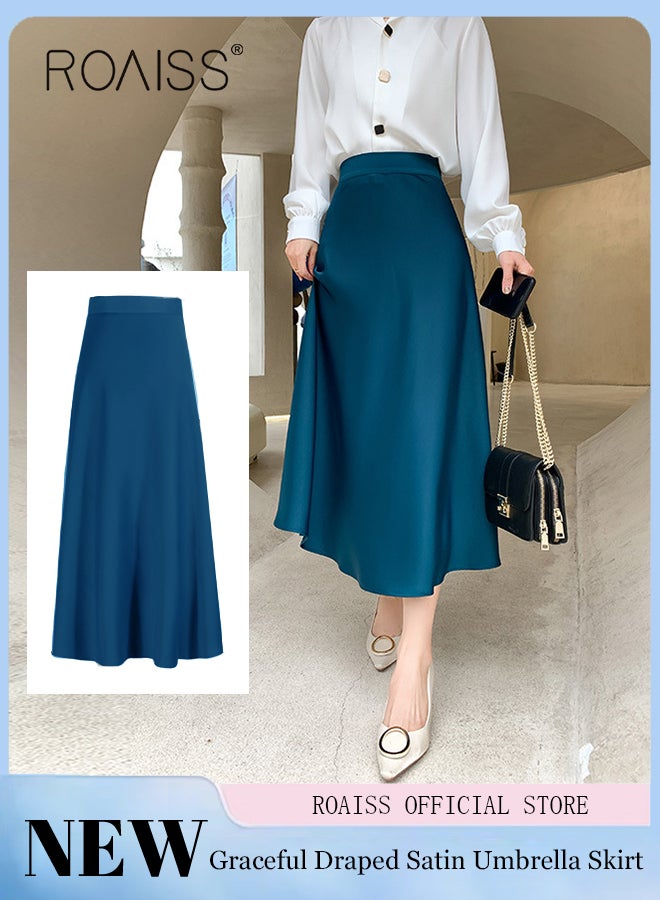 roaiss Women's Skirt Solid Color Mid-Length High Waist Slimming Satin A-Line V-Neck Long Skirt for Ladies Elegant Temperament Casual Outfit  - Image 2