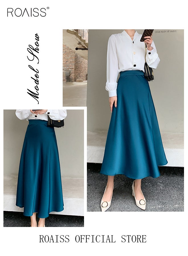 roaiss Women's Skirt Solid Color Mid-Length High Waist Slimming Satin A-Line V-Neck Long Skirt for Ladies Elegant Temperament Casual Outfit  - Image 3