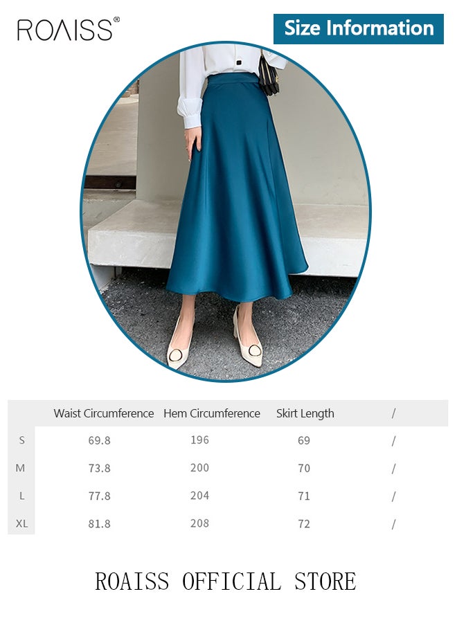 roaiss Women's Skirt Solid Color Mid-Length High Waist Slimming Satin A-Line V-Neck Long Skirt for Ladies Elegant Temperament Casual Outfit  - Image 4