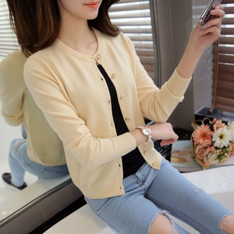 كارديجان محبوك نسائي رقيق لفصل الربيع والخريف ملابس خارجية بياقة دائرية ضيق القصة قميص مكيف هواء قمة قصيرة بلون صلب سترة صغيرة وردية - Image 3