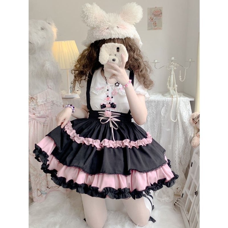 Original cross-border design full cute dog short SK small idol lolita strap skirt doll collar shirt skirt Black Pink Skirt