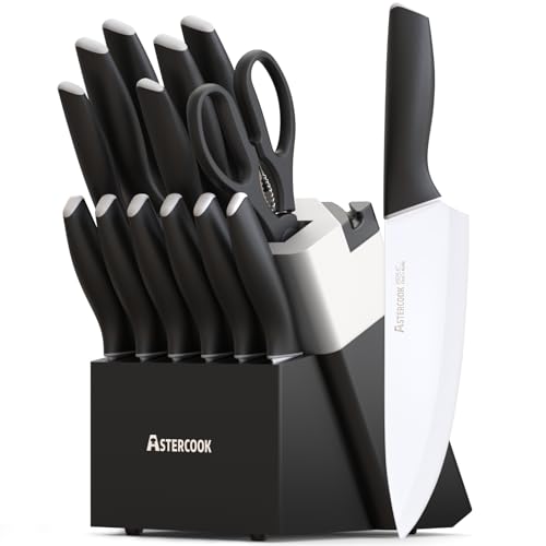 Astercook Knife Set, Kitchen Knives with Block and Sharpener 15 Pcs German Stainless Steel Knives Sharp Blade Dishwasher Safe Deba Knives with Ergonomic Handle, Elegant Black - Image 1