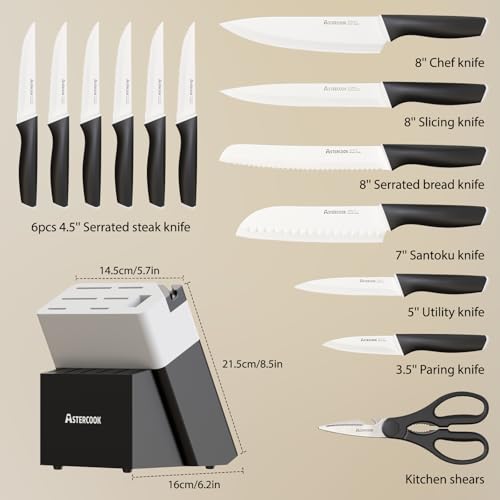 Astercook Knife Set, Kitchen Knives with Block and Sharpener 15 Pcs German Stainless Steel Knives Sharp Blade Dishwasher Safe Deba Knives with Ergonomic Handle, Elegant Black - Image 4