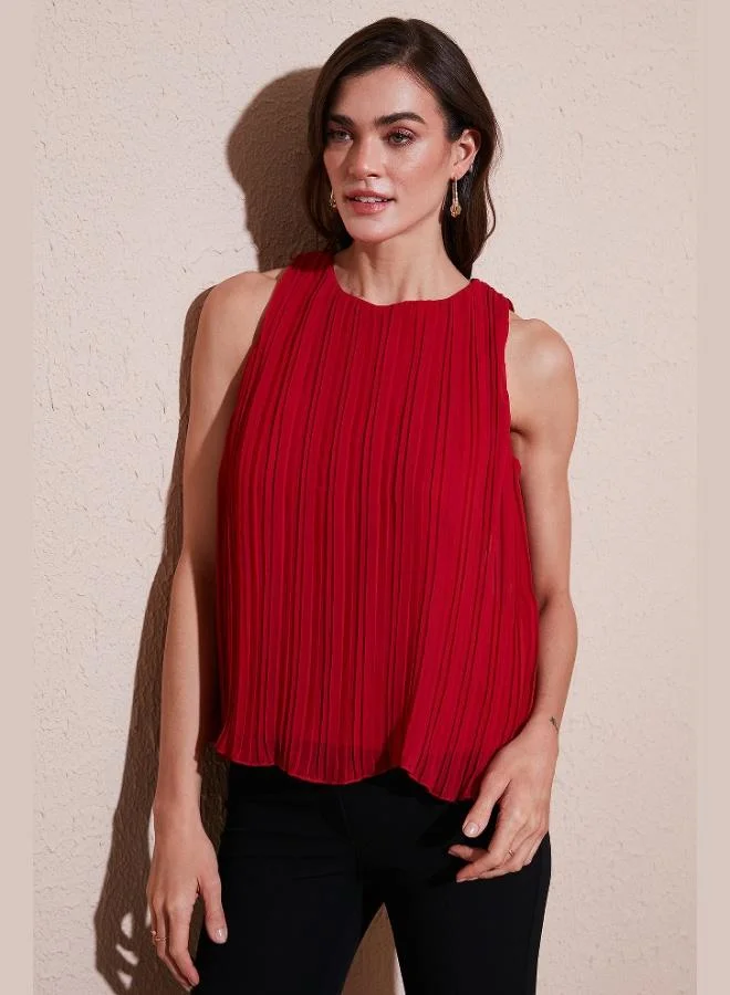 ليلا بلوزة شيفون نسائية بياقة دائرية ورباط سميك ومقاس قياسي