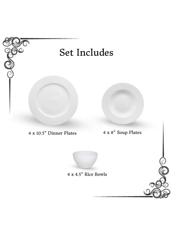 12-Piece Diamond Texture Embossed Scratch-Resistant & Microwave Safe Ceramic Dinnerware Set, Set for 4 - Image 4