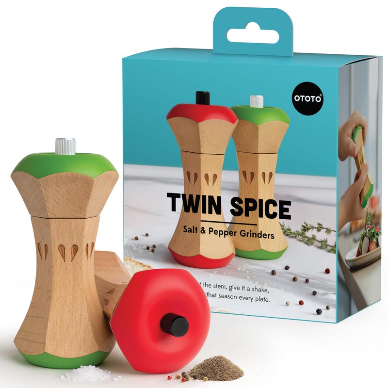 OTOTO Twin Spice Salt and Pepper Grinder Set - Apple-Designed Unique Kitchen Gadgets, Cute Kitchen Accessories, Pepper Spice Grinder, Salt and Pepper Shakers Set, Apple Gift, Kitchen Cooking Gifts - Image 1