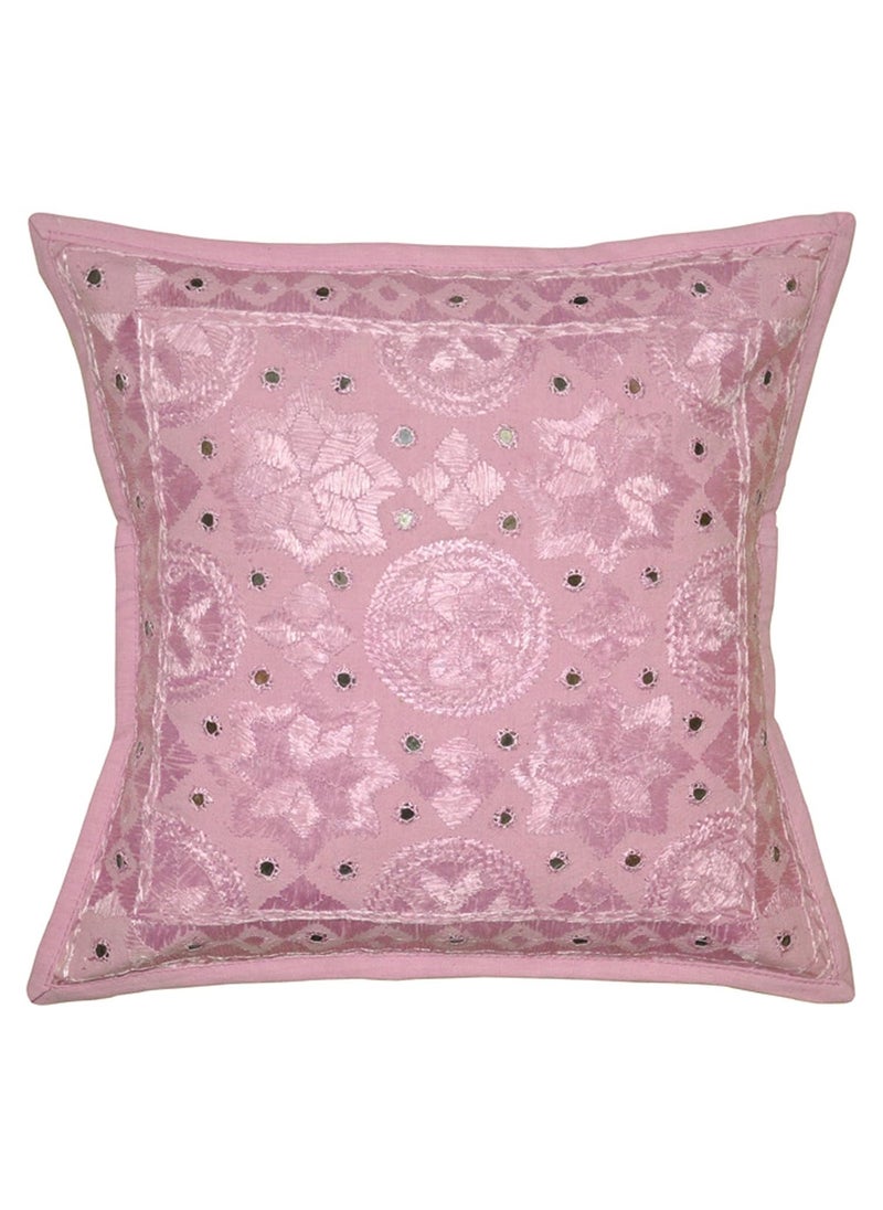 Marusthali - Marusthali Pink Cotton Embroidered Mirror Work Cushion Cover Set 2 Pcs #Mc025 - Image 1