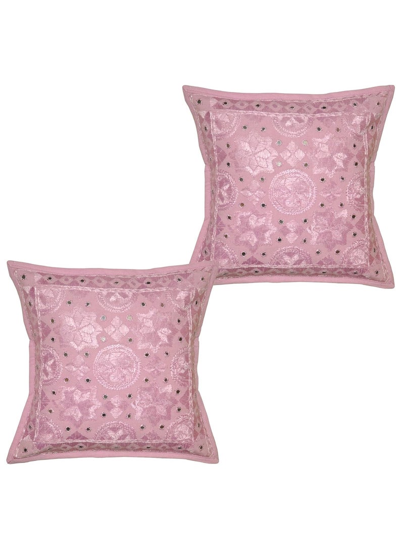 Marusthali - Marusthali Pink Cotton Embroidered Mirror Work Cushion Cover Set 2 Pcs #Mc025 - Image 1