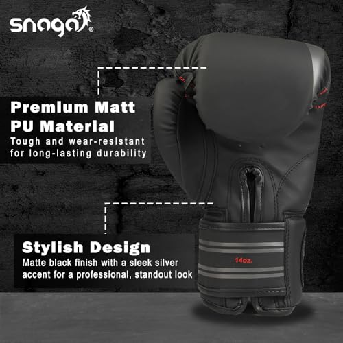 Snaga Premium Matt PU Boxing Gloves for Sparring Training, Boxing, Kickboxing, Gym, Muay Thai with Injection-Molded Foam for Maximum Protection, Fight Gloves for Men & Women (Black, 12oz) - Image 3