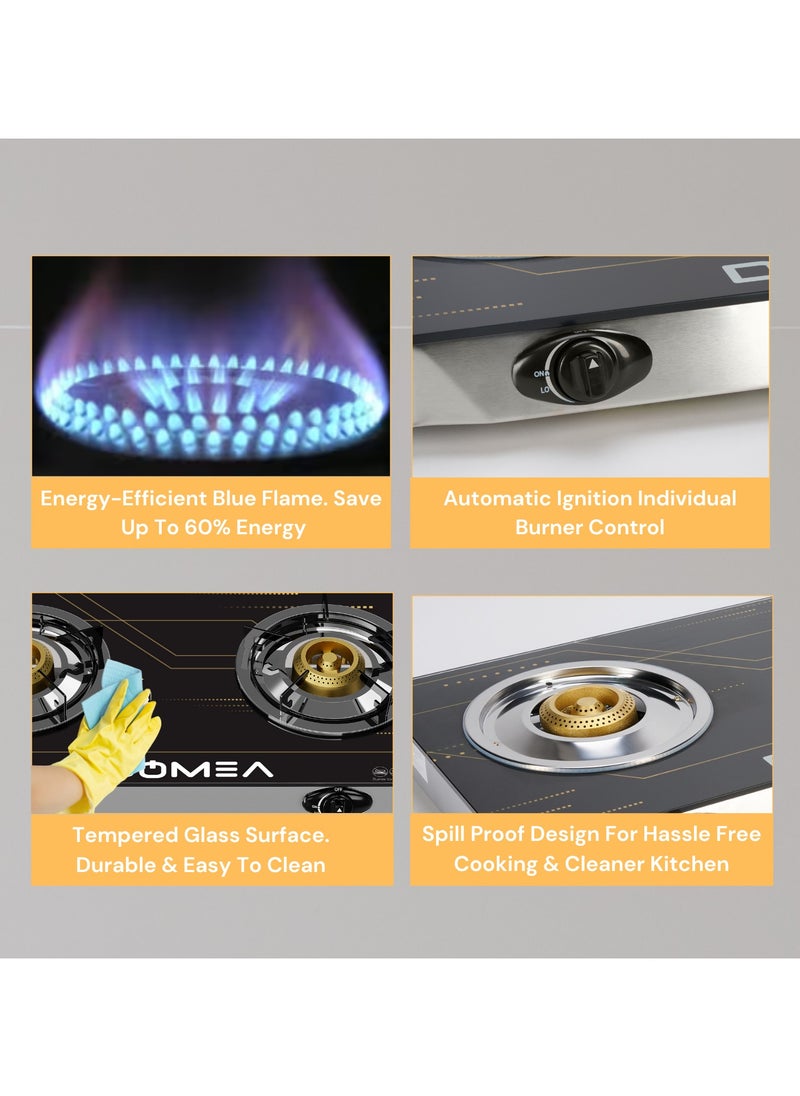 DOMEA - Gas Burner With Auto Ignition, 2 Burners Stove, With Tempered Glass Top, Perfect For Home, Apartments - Image 1