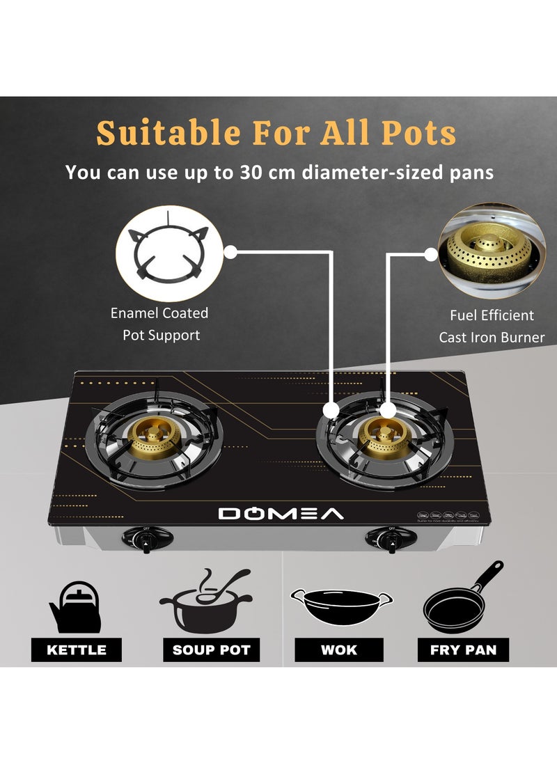 DOMEA - Gas Burner With Auto Ignition, 2 Burners Stove, With Tempered Glass Top, Perfect For Home, Apartments - Image 1