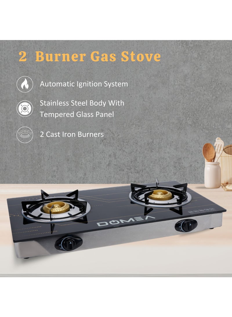 DOMEA - Gas Burner With Auto Ignition, 2 Burners Stove, With Tempered Glass Top, Perfect For Home, Apartments - Image 1