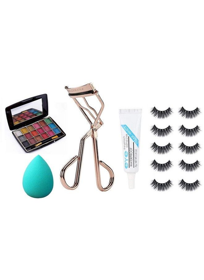 ClubComfort False Eyelashes 5 Pcs 1 Eyelash Curler 1 Sponge Puff Mini Eyshadow Pallete 18 Color 1 Eyelash Glue (Pack Of 5)  - Image 2